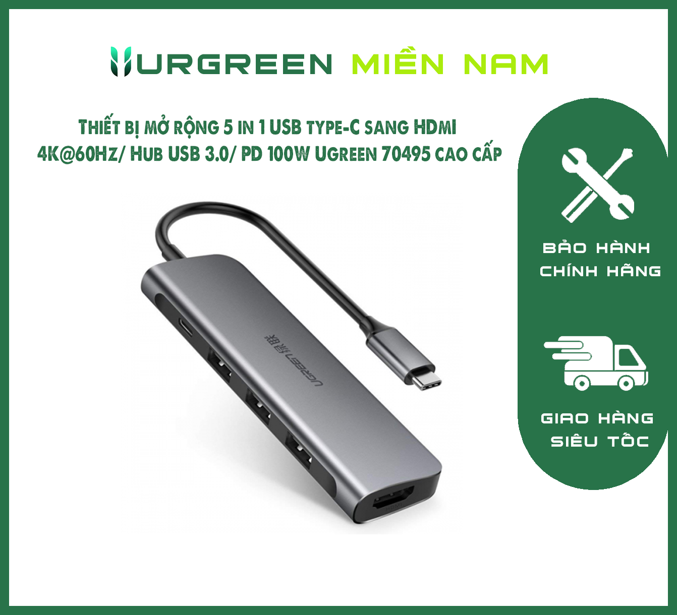 Thiết bị mở rộng 5 in 1 USB type-C sang HDMI 4K@60Hz/ Hub USB 3.0/ PD 100W Ugreen 70495 cao cấp